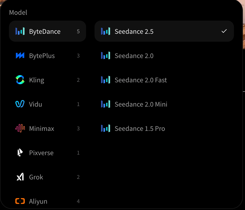 Selector de modelos con el grupo ByteDance abierto y Seedance 2.5 seleccionado