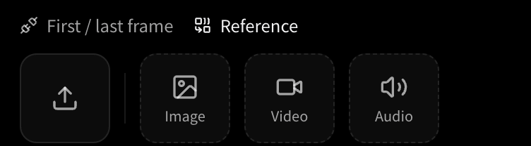 Detalle del modo de entrada Reference en VibePaper, con las ranuras Image, Video y Audio encima del prompt