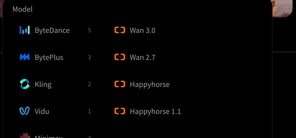 Aliyun 그룹이 열려 있고 Wan 3.0이 현재 모델로 체크된 모델 선택 메뉴