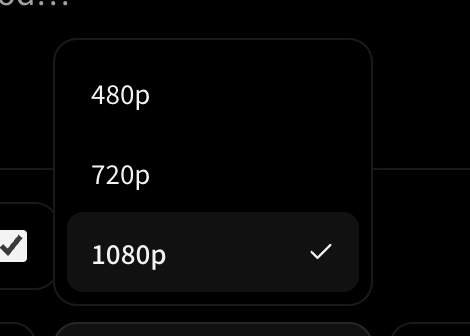 480p, 720p, 1080p 옵션이 있고 1080p가 체크된 해상도 메뉴