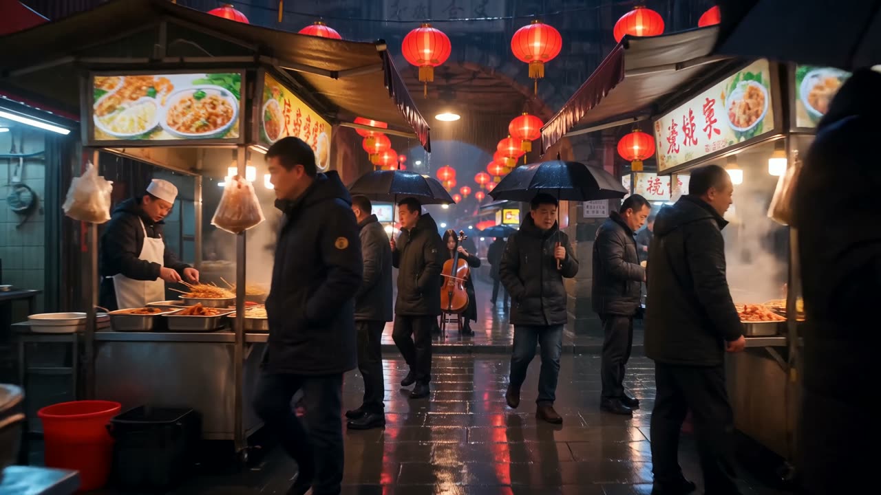 클립 중간 프레임: 밤의 젖은 시장 거리에 있는 손님들과 노점