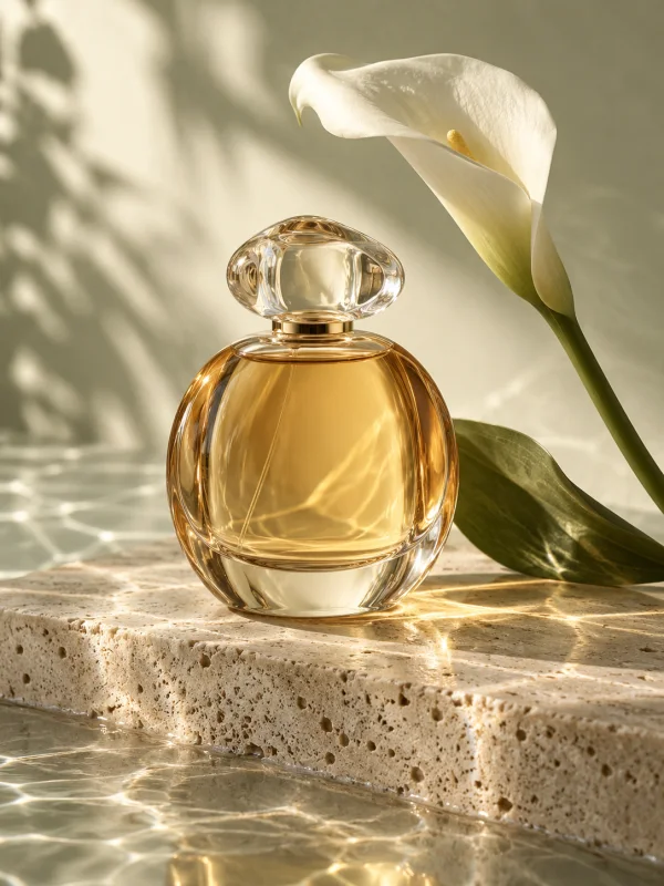 Frasco de perfume ámbar y cala blanca bajo una luz cálida