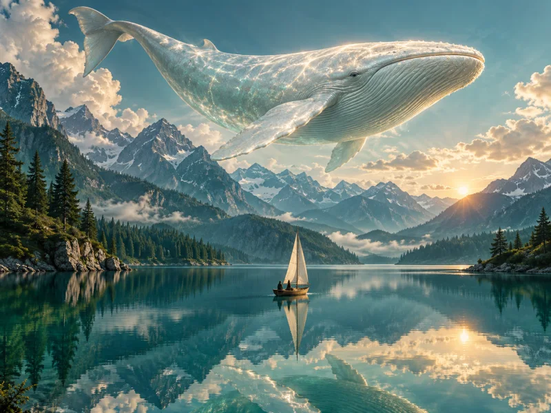 Ballena nacarada flotando sobre un lago alpino y un pequeño velero