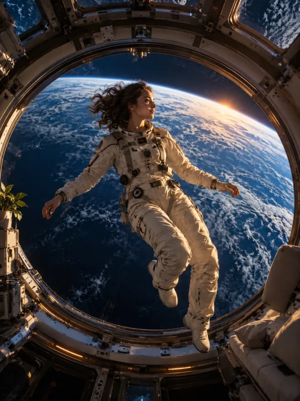 Astronauta flotando junto a una ventana espacial con la Tierra al amanecer
