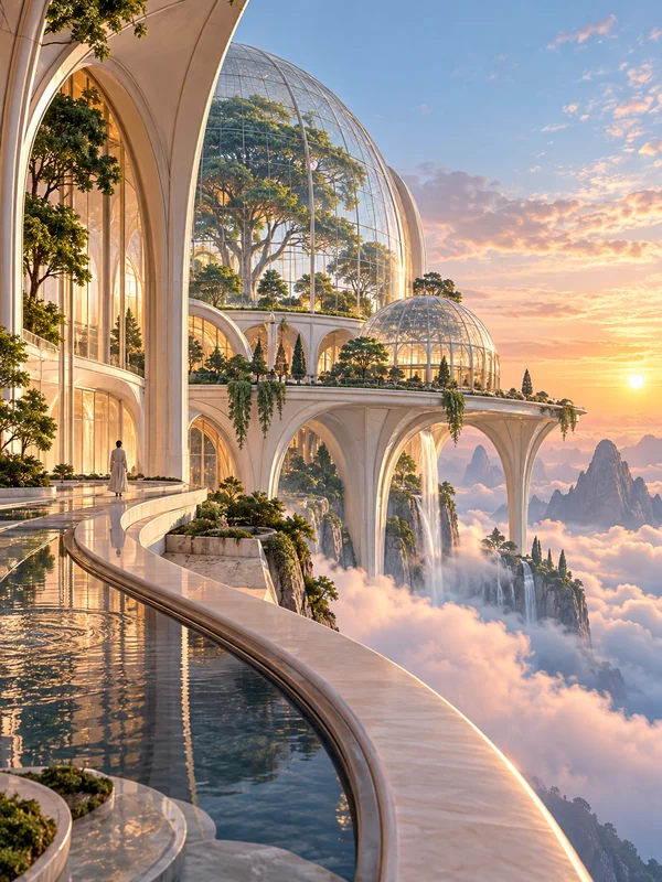 Glass botanical conservatory rising above a sea of clouds