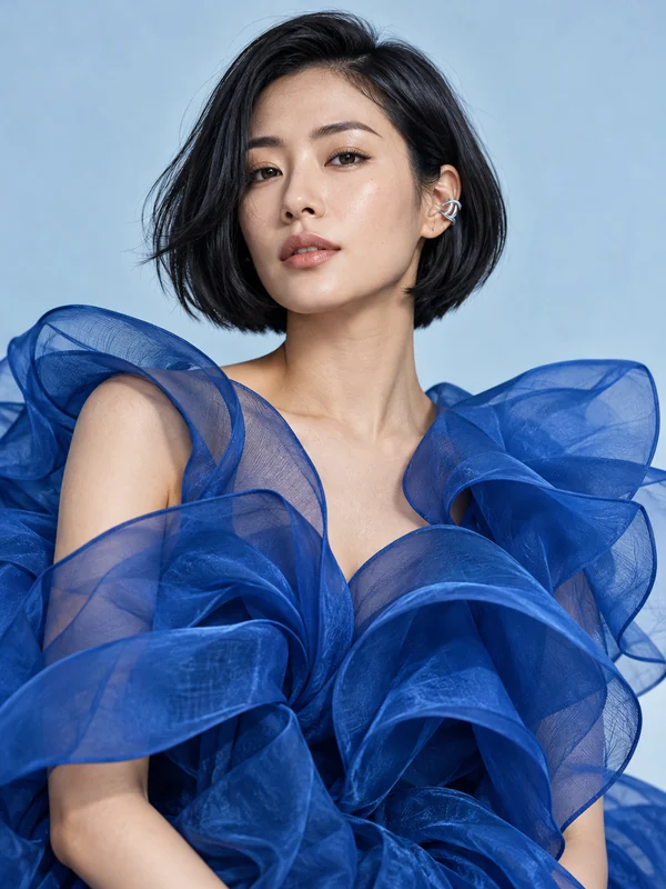 Fashion portrait in sculptural cobalt-blue organza