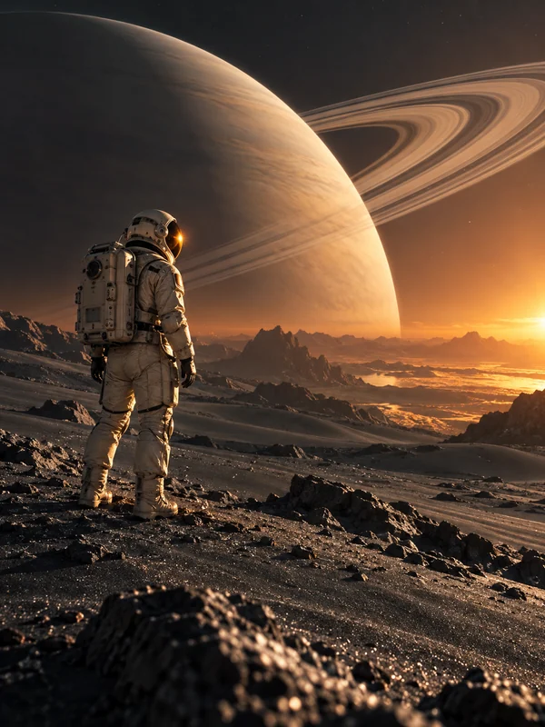 Astronaut looking toward a ringed planet in golden light