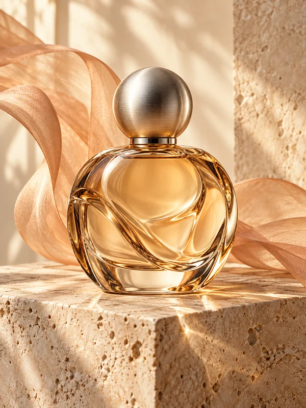 Amber glass fragrance bottle on sunlit travertine