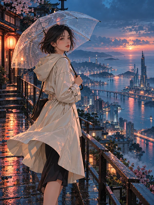 Anime woman with an umbrella overlooking a coastal city