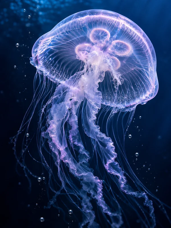 Translucent moon jellyfish floating in deep blue water