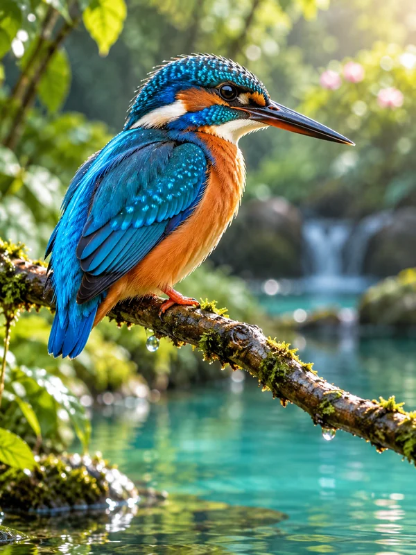 Blue and orange kingfisher above a tranquil turquoise pond