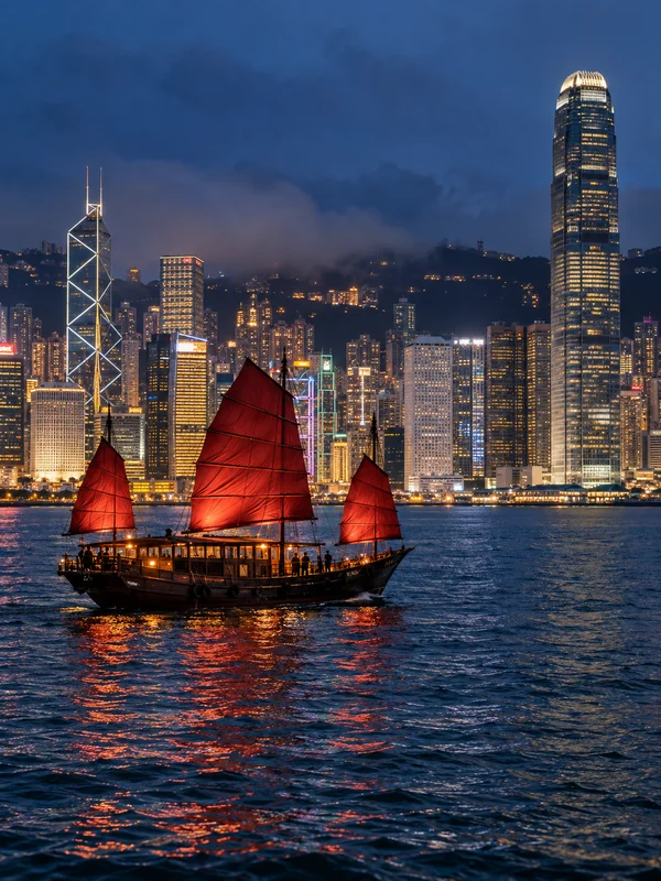 Red-sailed boat against a harbor skyline at blue hour