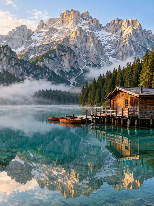 Turquoise alpine lake beneath limestone peaks at dawn
