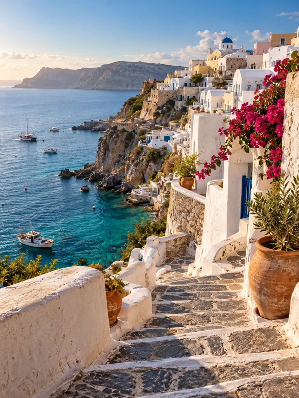Whitewashed Mediterranean village above turquoise water