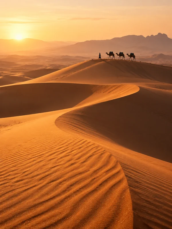 Camel caravan crossing sunlit orange desert dunes