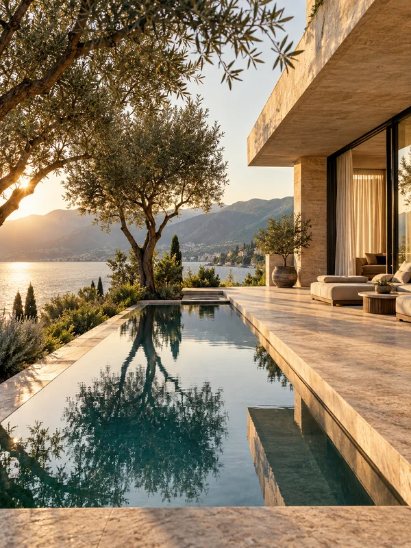 Modern travertine villa and pool in afternoon sunlight