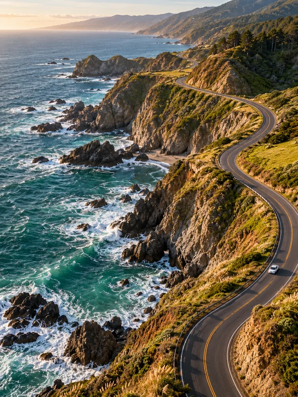 Winding coastal road above emerald ocean surf