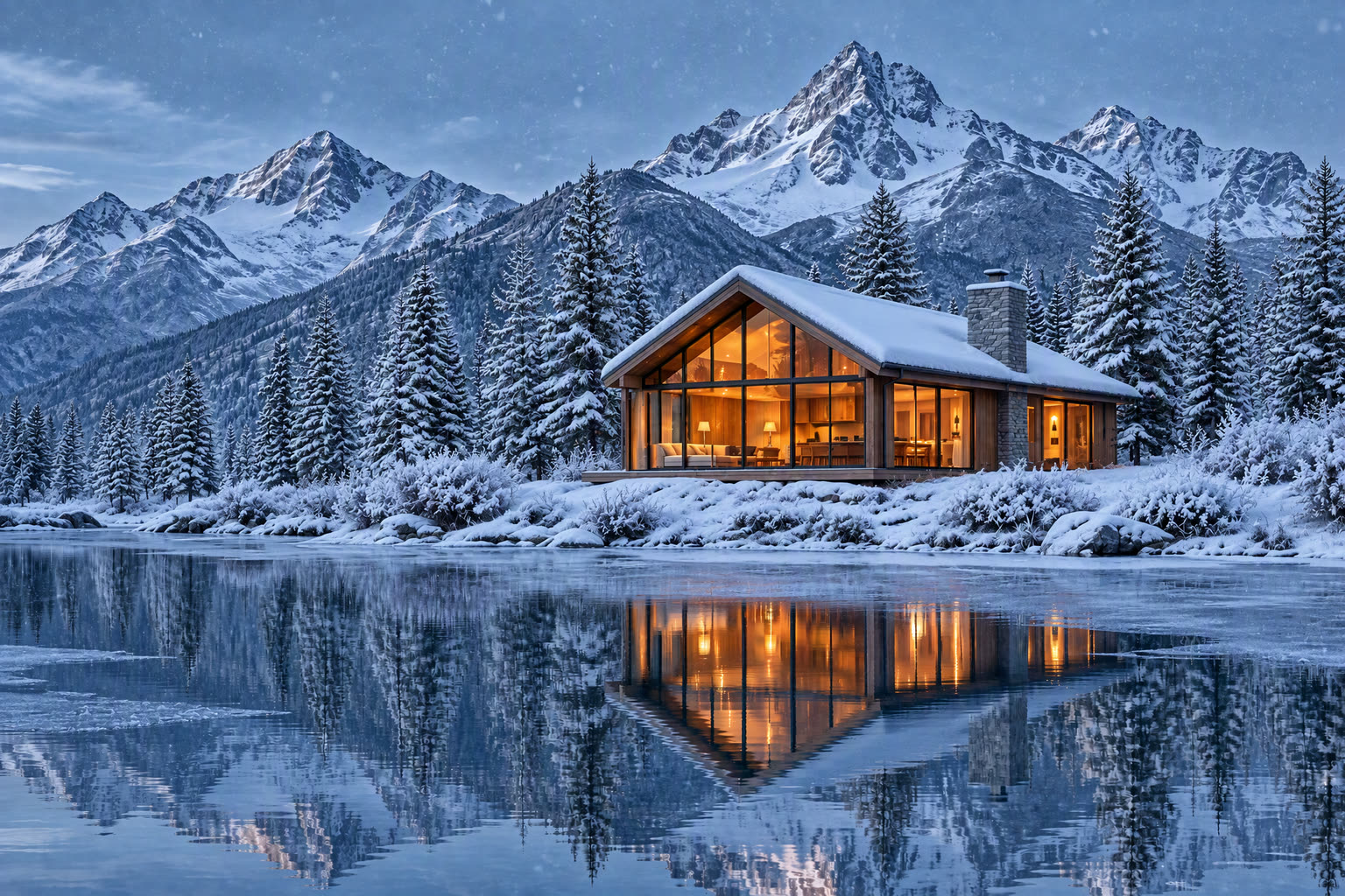 The same cabin edited with GPT Image 2.5 into deep winter: snow on the roof and trees, a half-frozen lake, light snowfall
