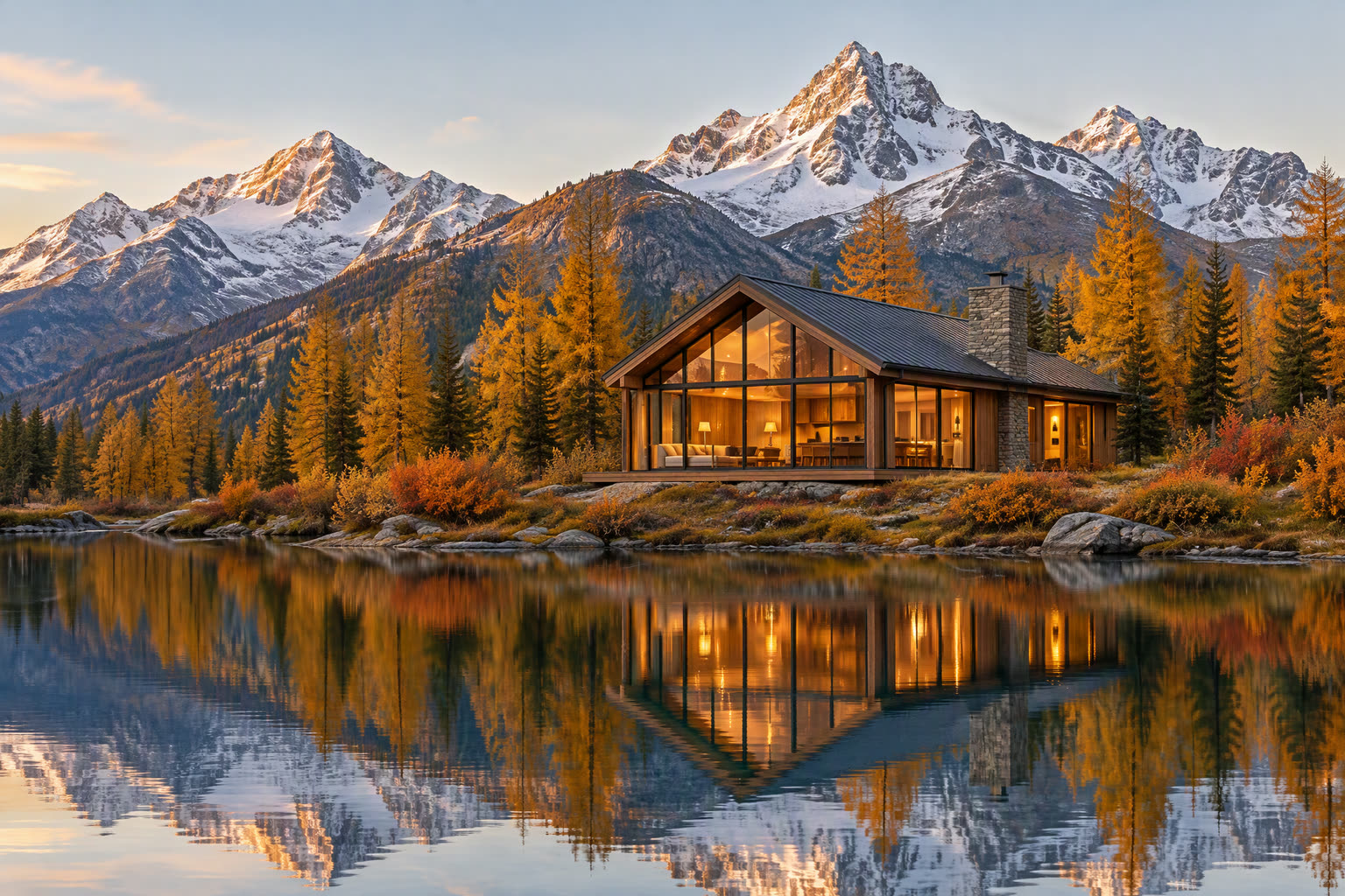 Glass-walled timber cabin on an alpine lake in autumn, golden larches reflected in the water, generated with GPT Image 2.5