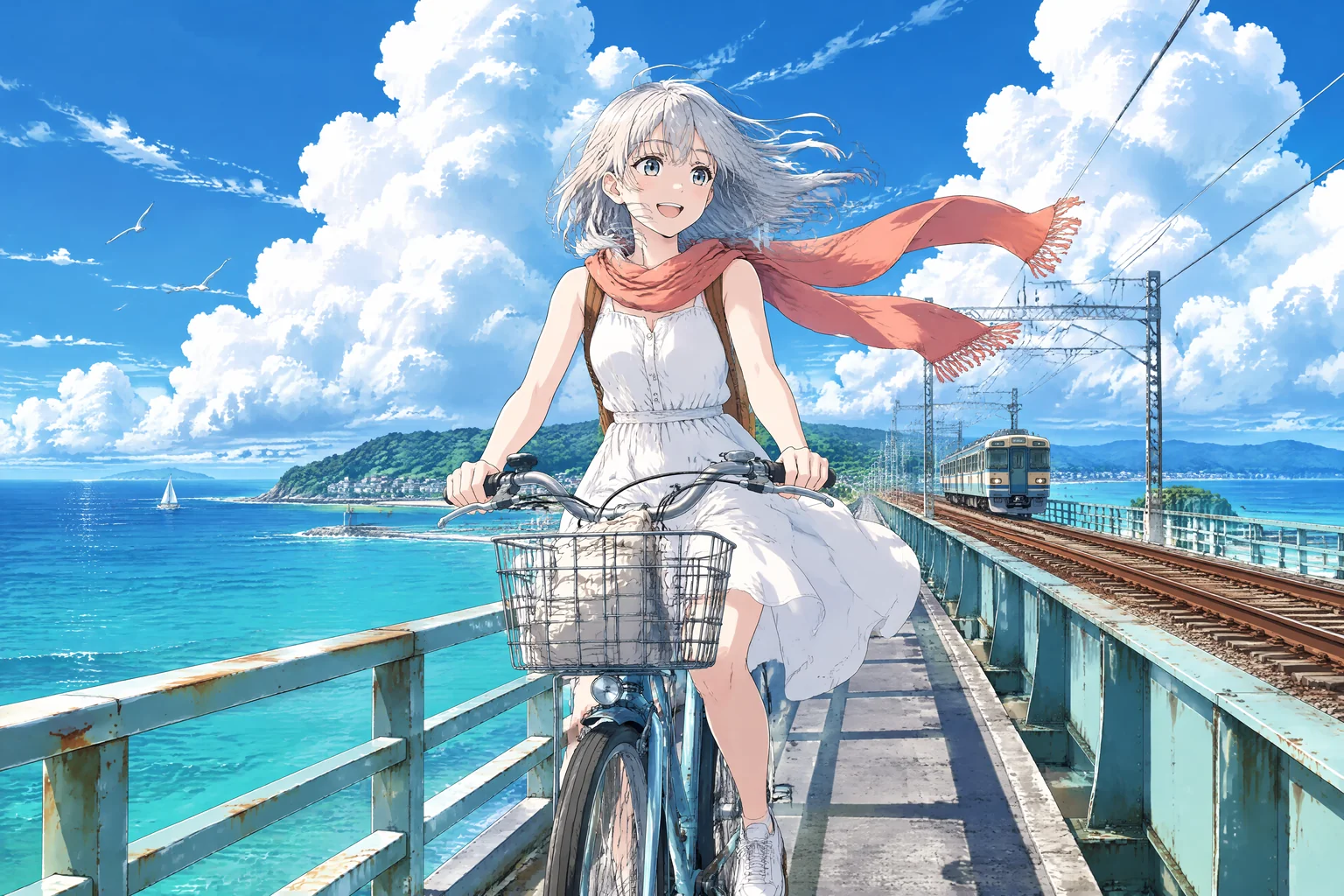 Anime cyclist on a coastal bridge beneath summer clouds