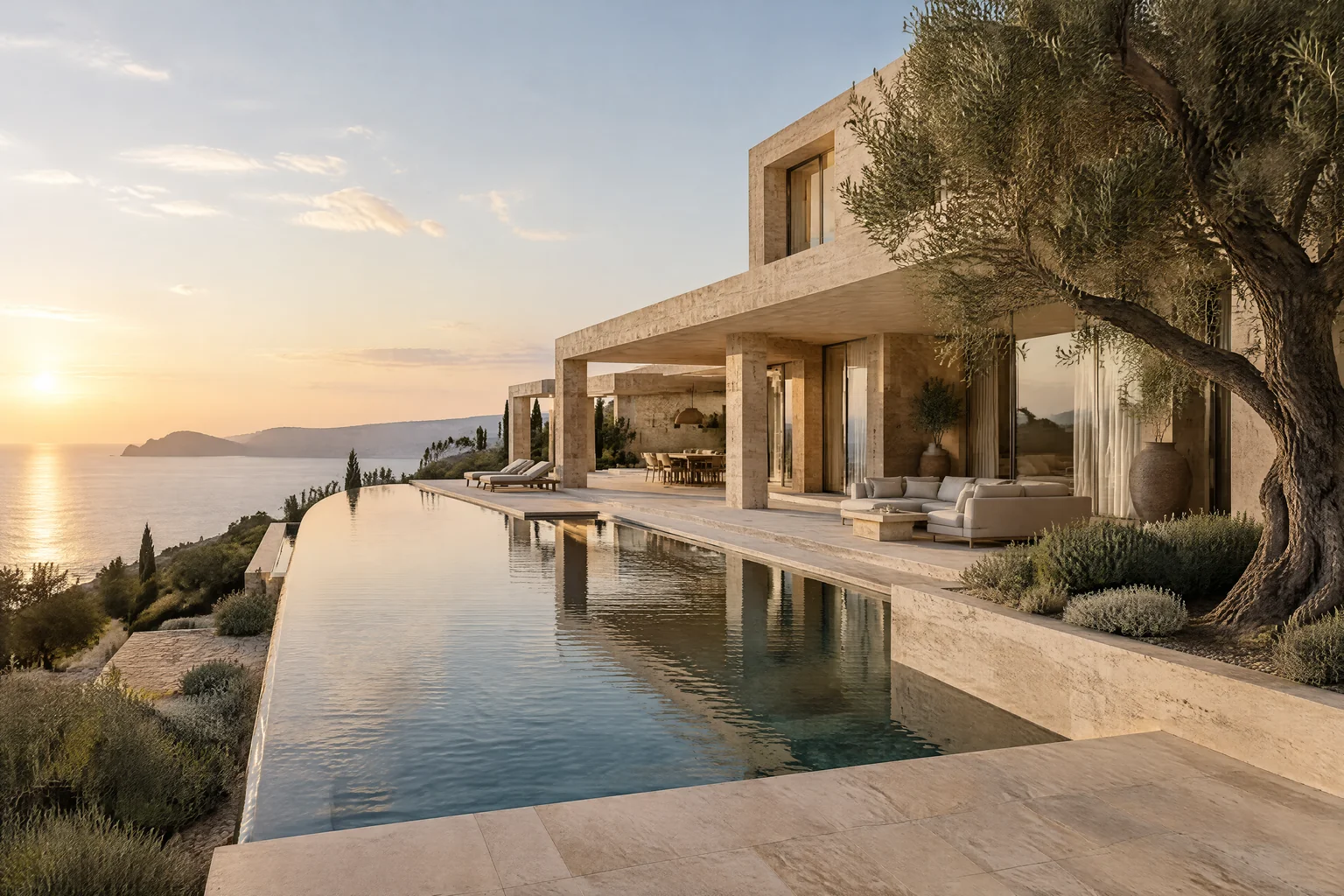 Photorealistic 3D coastal villa with a reflecting pool