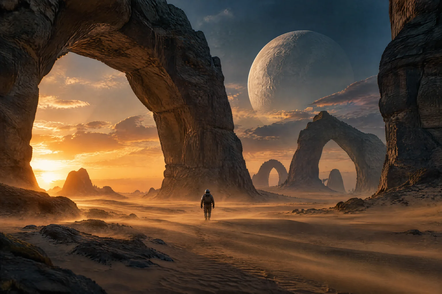 Cinematic astronaut exploring desert arches beneath a giant moon