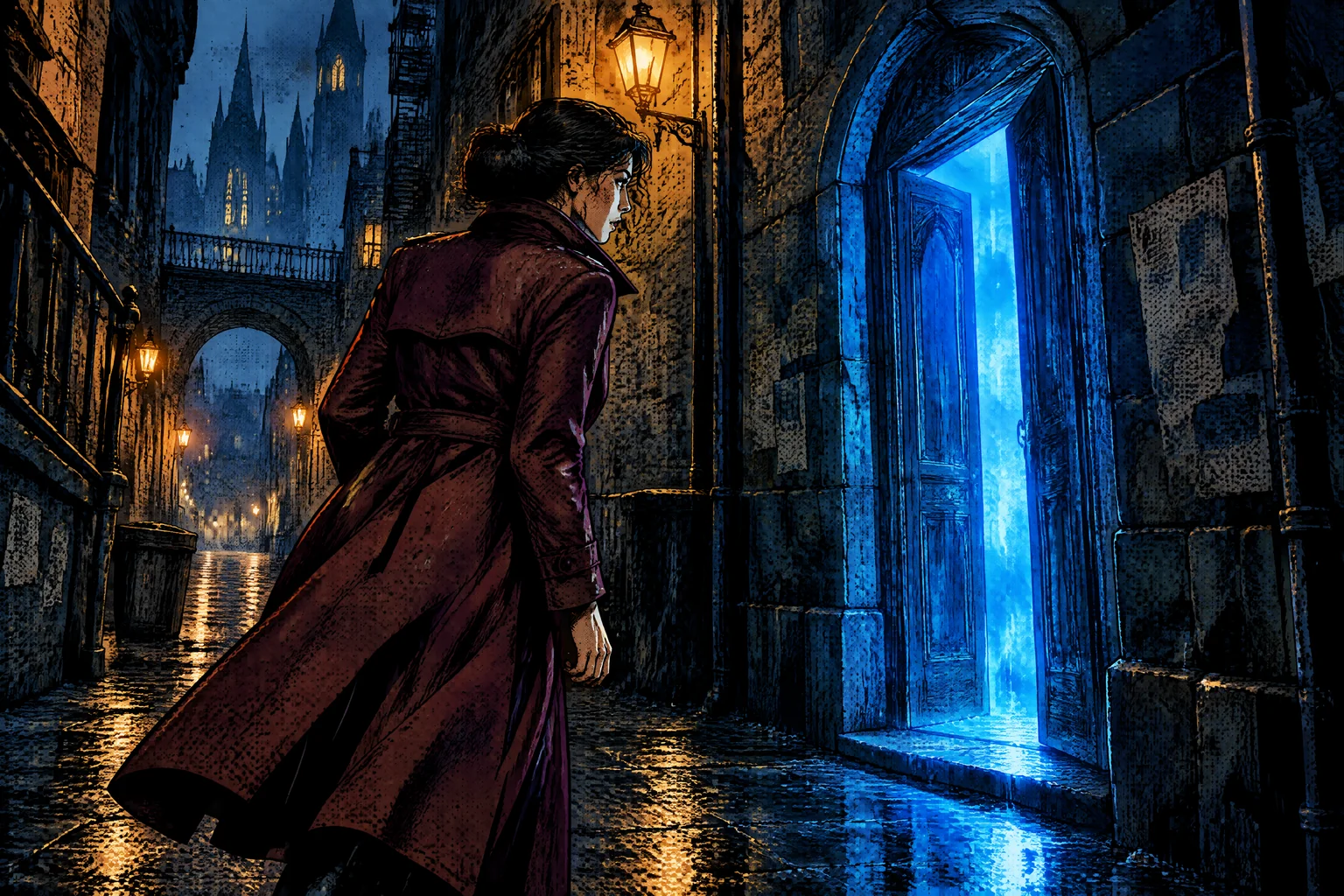 Comic detective discovering a glowing doorway in a rainy alley