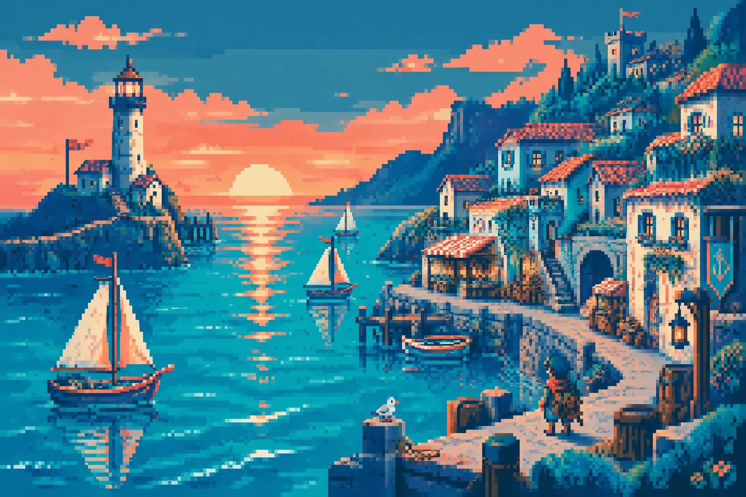 Pixel art harbor town with a lighthouse at sunset