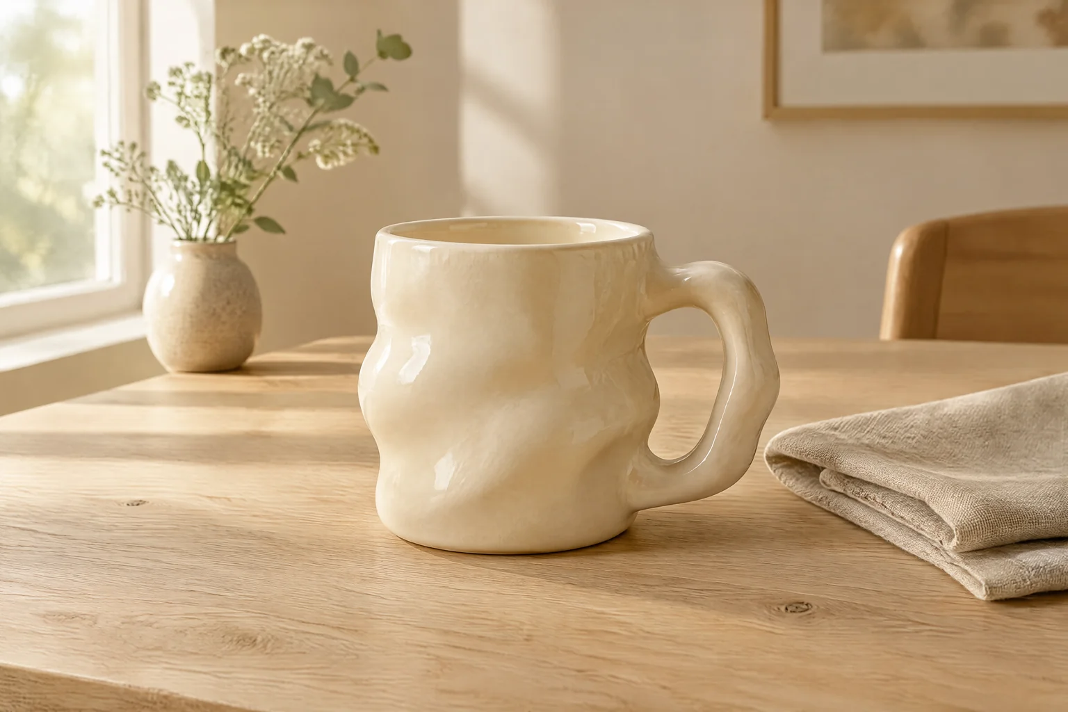 Ceramic mug on an oak table in soft window light