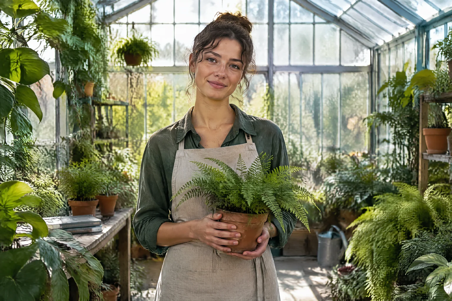 Photorealistic botanist holding a fern in a sunlit greenhouse