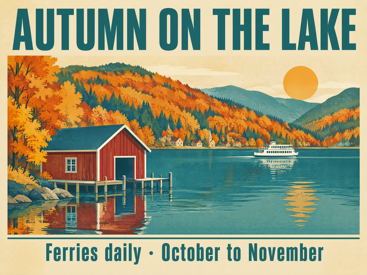 Retro travel poster reading “Autumn on the Lake”, with a red boathouse, autumn hills and a ferry, generated with GPT Image 2.5