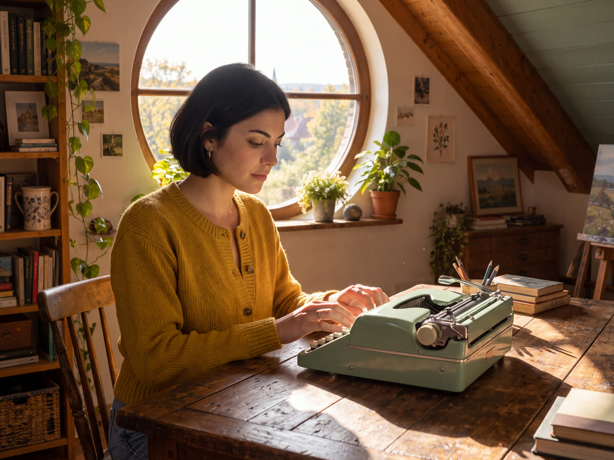 Woman in a mustard cardigan typing on a mint typewriter in a sunlit attic studio, generated with Nano Banana 2 from three reference images