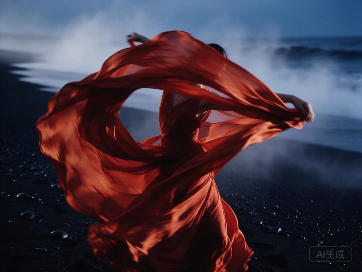 Bailarina con un vestido de seda bermellón girando en una playa de arena negra en la hora azul, con olas y bruma marina detrás, generada con Seedream 5.0 Pro