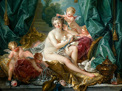 Reproducción de una pintura rococó del siglo XVIII: una mujer recostada, rodeada de cupidos alados entre sedas y rosas
