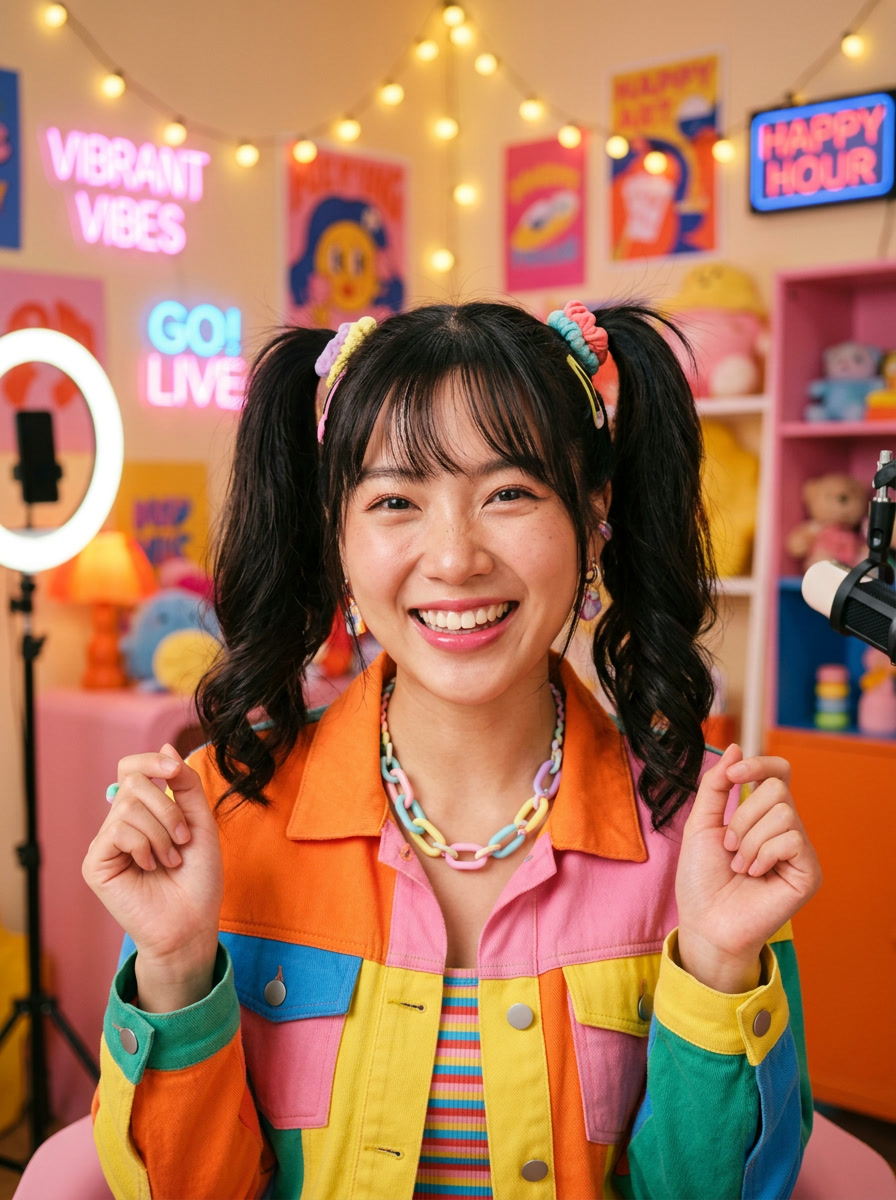 Creadora sonriendo a la cámara en un colorido cuarto de streaming iluminado con letreros de neón