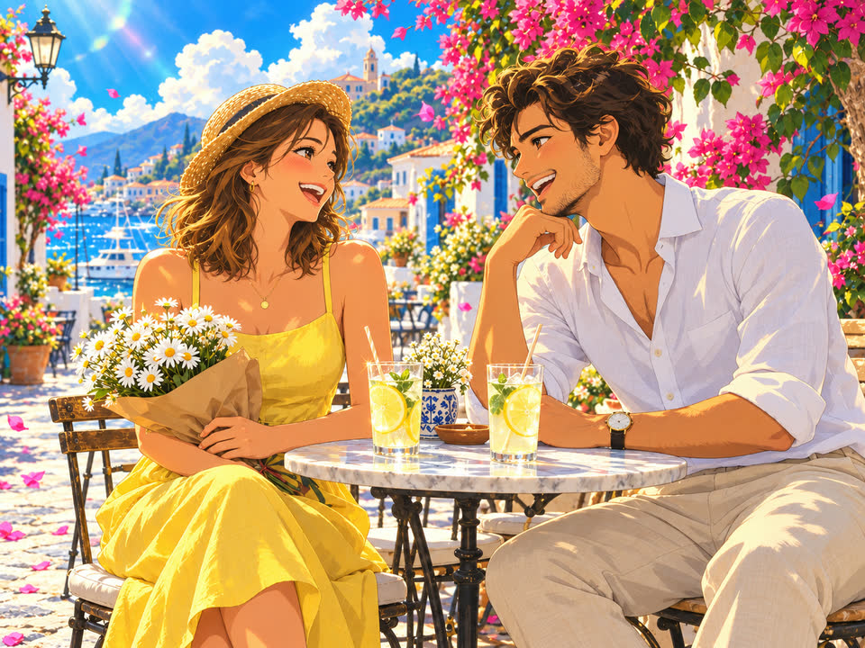 2D animation style: the café-terrace couple drawn with clean linework and cel shading