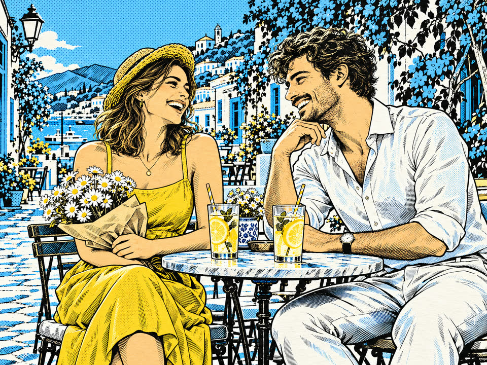 Graphic novel style: the café-terrace couple in bold hand-drawn ink
