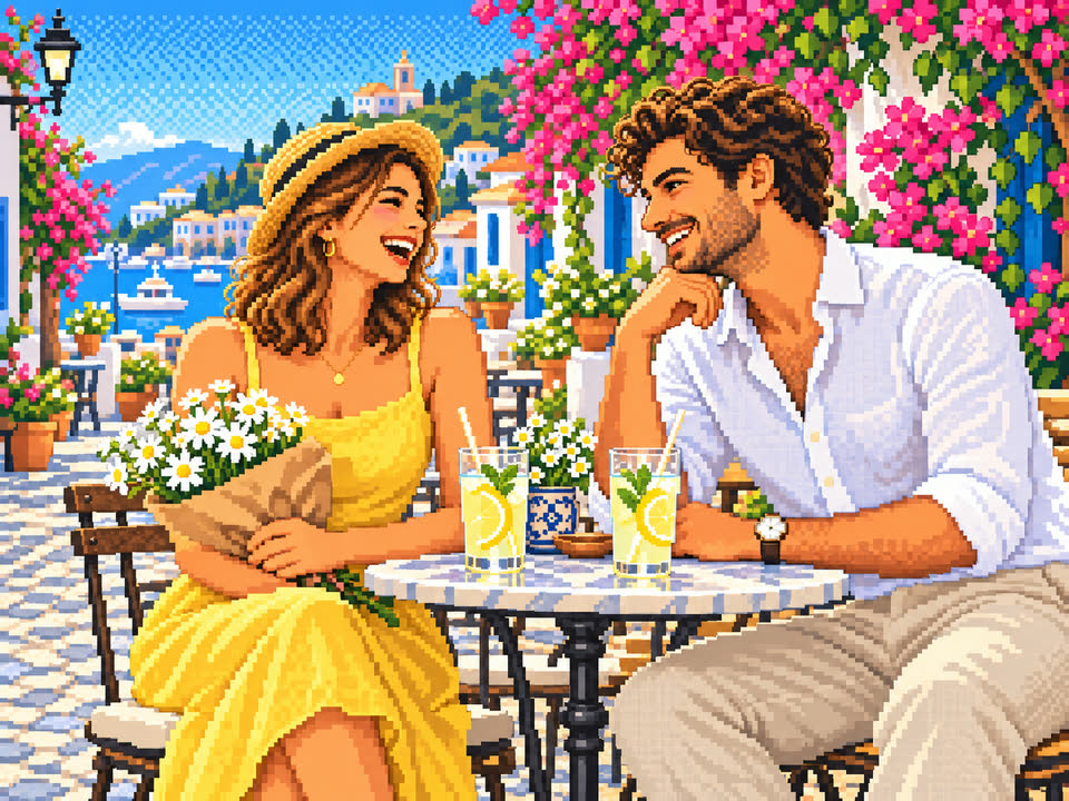 Pixel art style: the café-terrace couple in crisp retro pixels