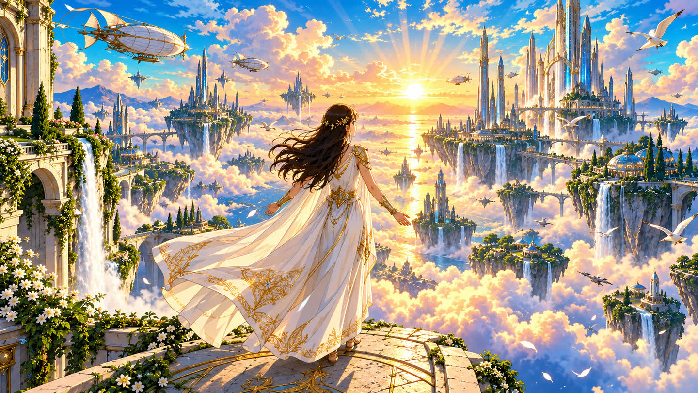The sky city at sunrise redrawn as 2D animation with clean linework and cel shading