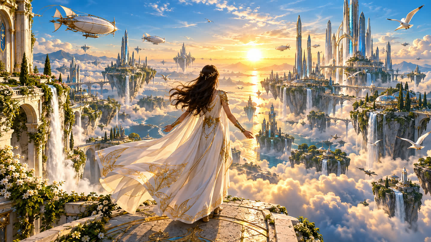 Source image: a woman in a white and gold gown stands on a floating platform and looks over a sky city at sunrise
