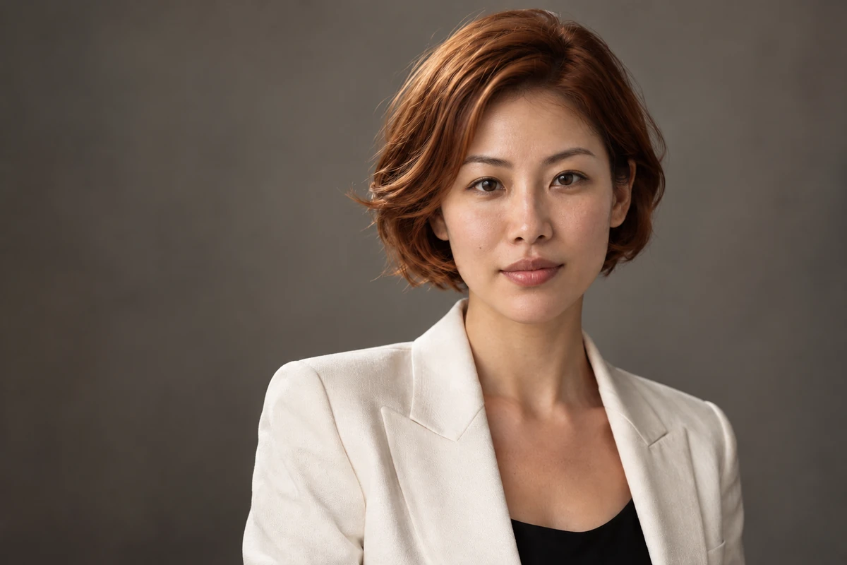 AI face swap result: the same studio headshot and white blazer, now with the face of the reference woman