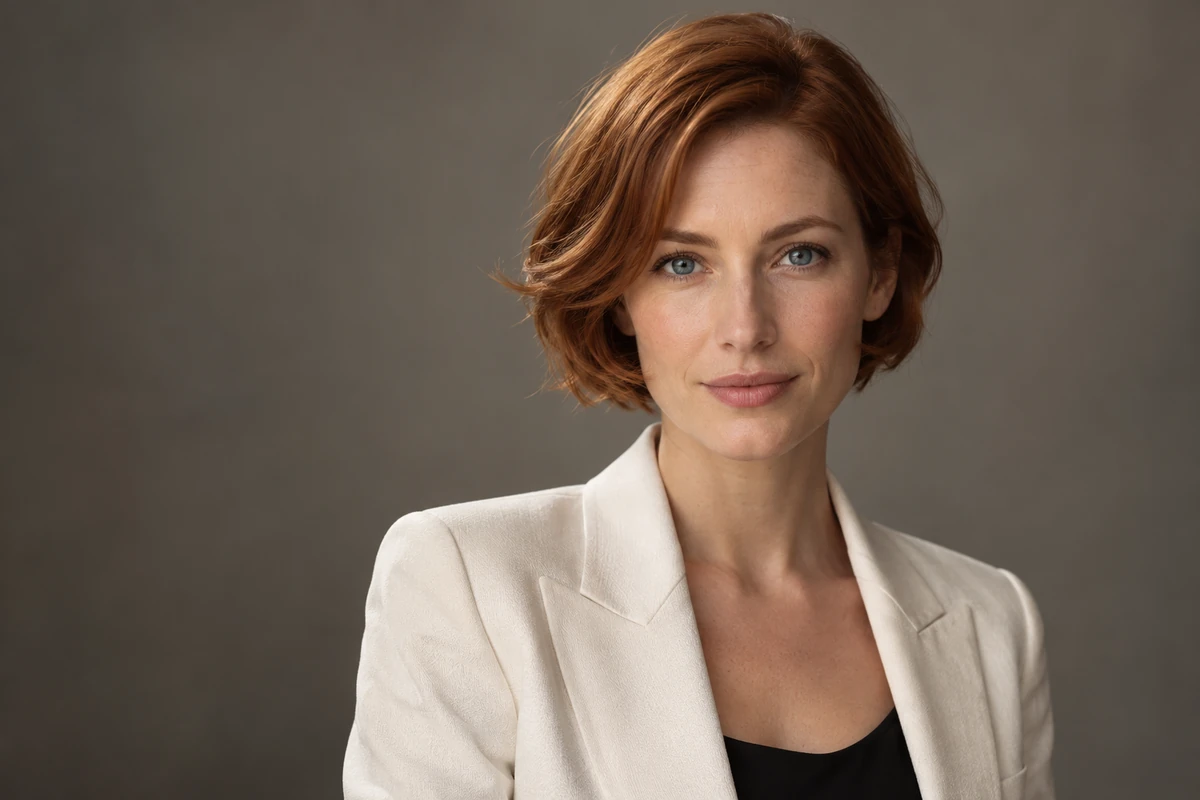 Original studio headshot before the face swap: a woman with short auburn hair in a white blazer