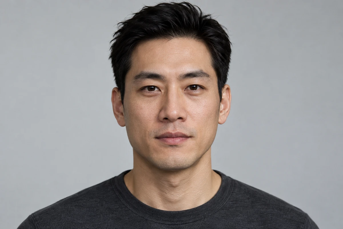 참조용 얼굴 사진: 짧은 검은 머리의 남성, 차콜색 티셔츠, 밝은 회색 배경
