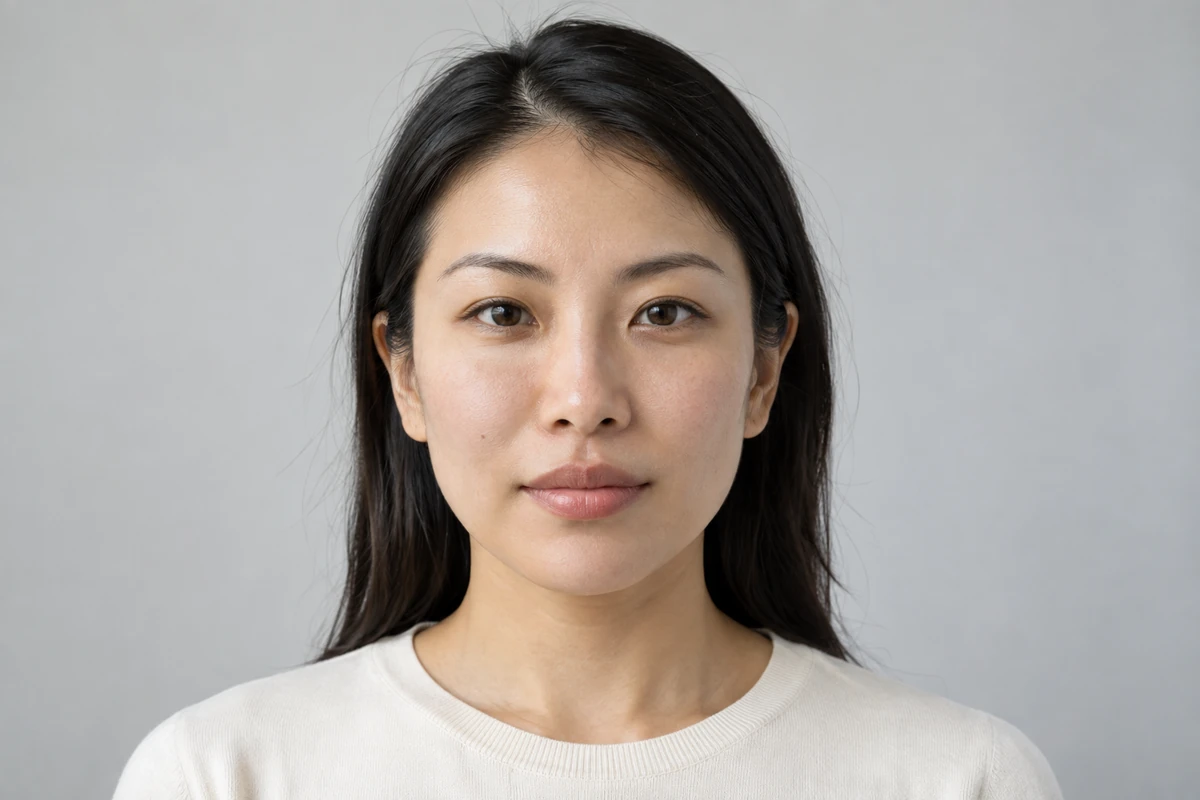 참조용 얼굴 사진: 긴 검은 머리의 여성, 크림색 상의, 밝은 회색 배경