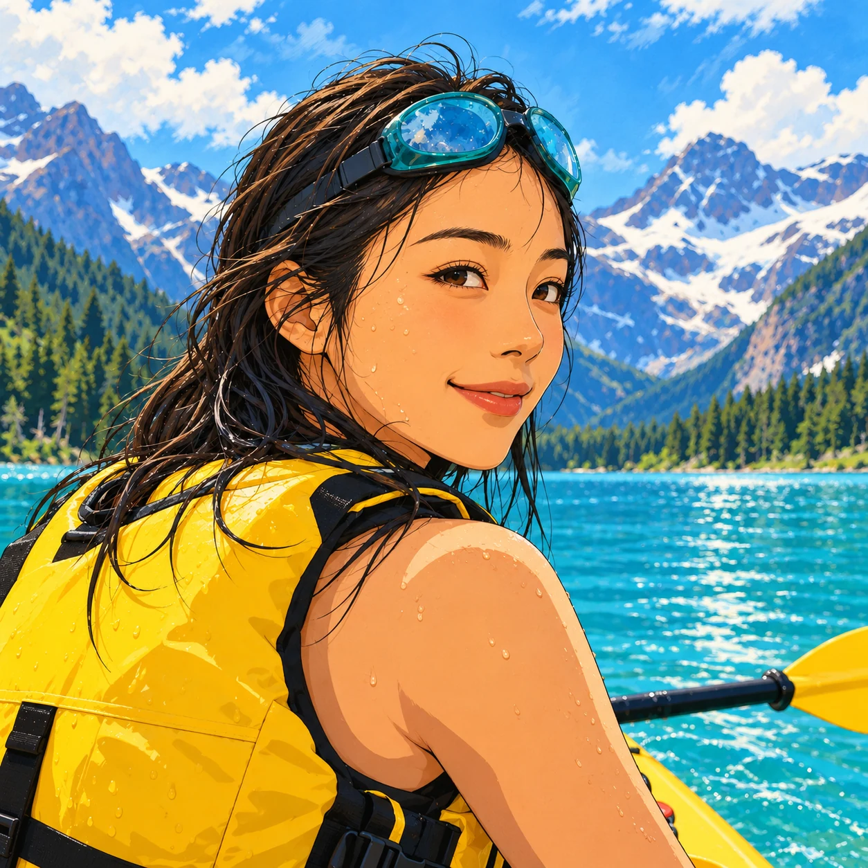 The same kayaker and alpine lake redrawn as a 2D illustration